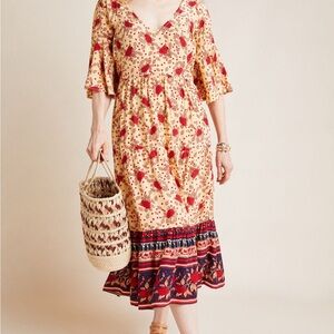 Faithfull the Brand Red and Cream Floral Midi Dress Anthropologie